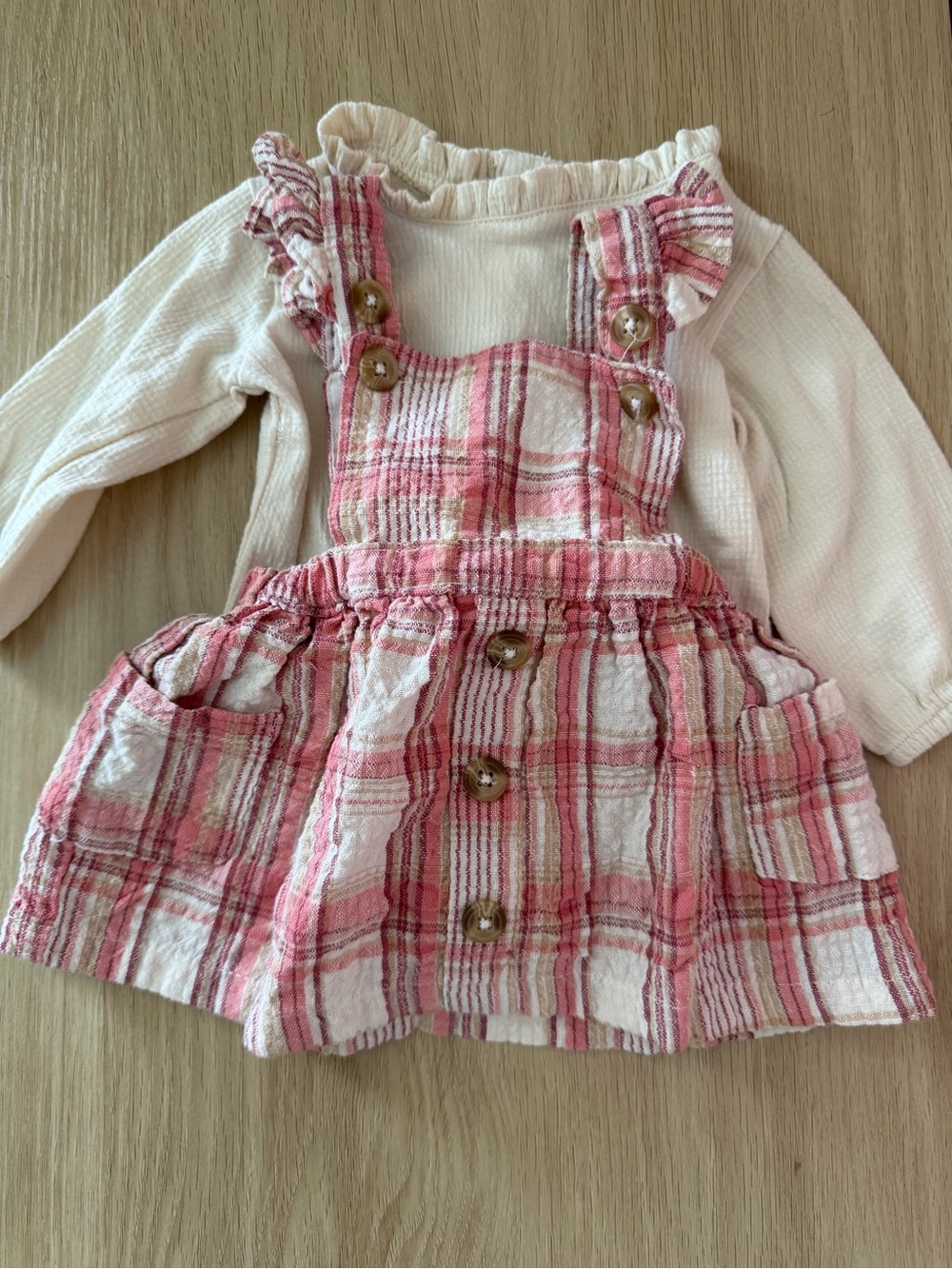 Nicole Miller Pink and Cream Plaid Suspender Dress Set